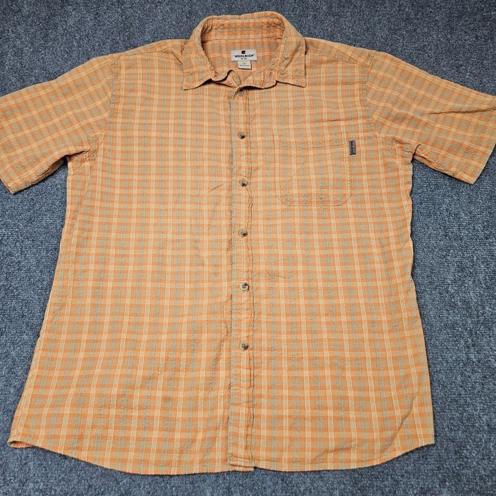 Woolrich Plaid Shirt Mens L Orange Short Sleeve Button Down Resortwear Summer